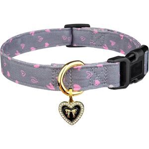 Cotton Handmade Dog Collar Grey Heart with Pendant for Girl Boy Dogs Collars S